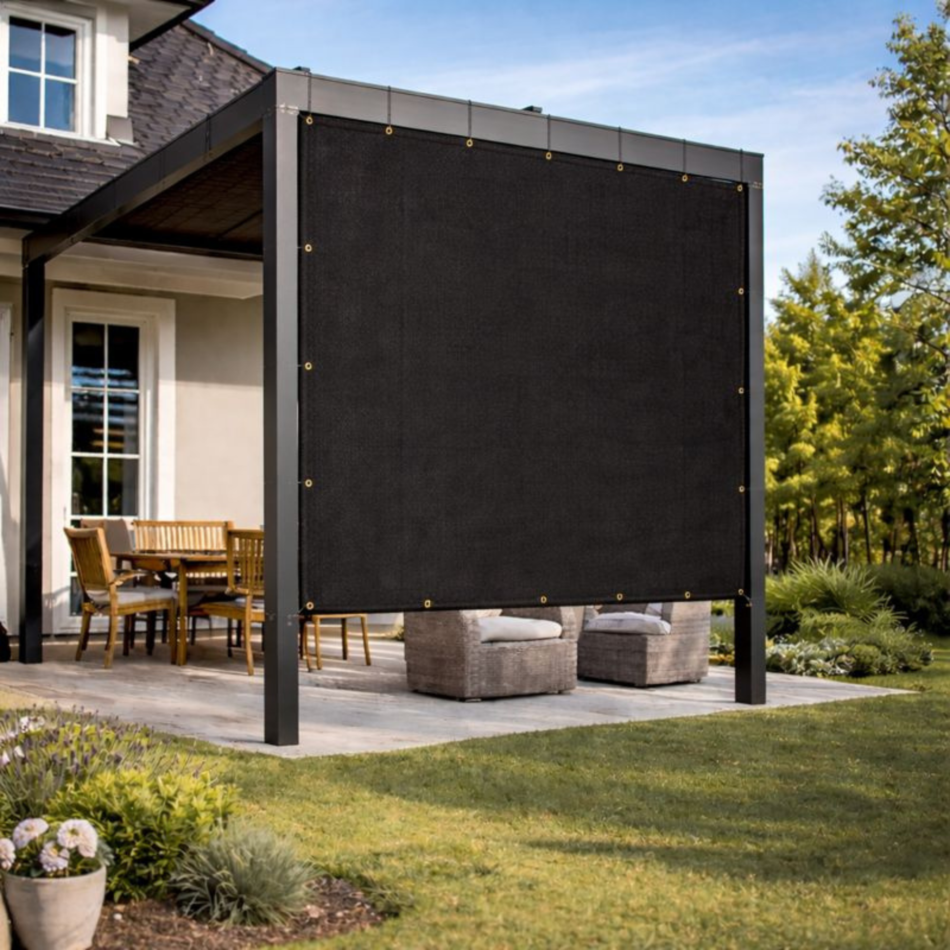 Black 10x10 ft sun shade mesh panel with grommets for patio, pergola, gazebo, balcony, and porch privacy and sun protection