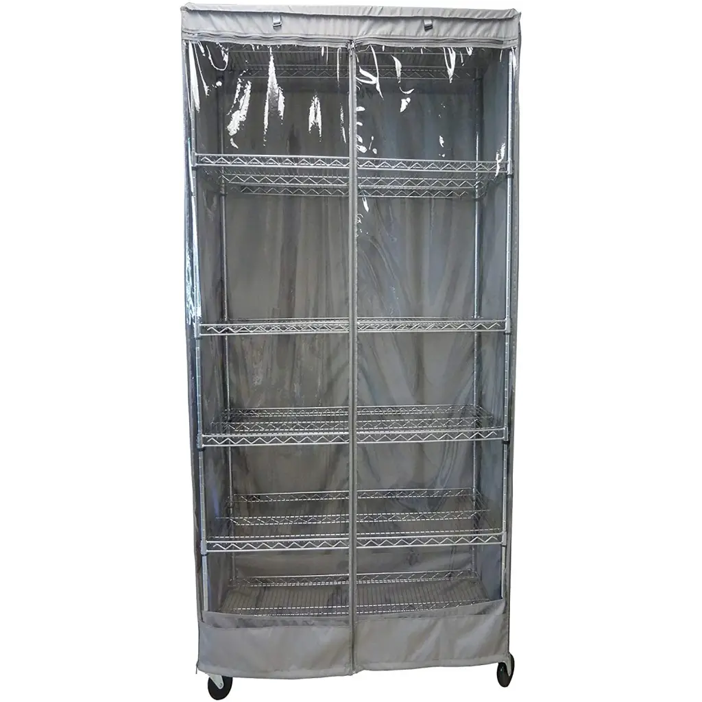 Wire shelving cover with see-through panel, fits 36"W x 18"D x 62"H racks, in grey.