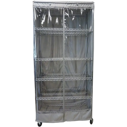 Wire shelving cover with see-through panel, fits 36"W x 18"D x 62"H racks, in grey.