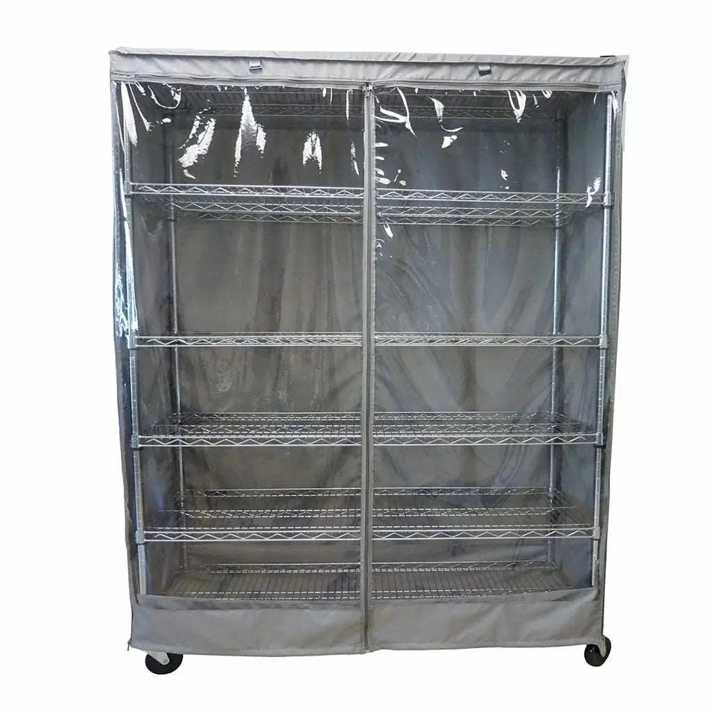 Introducing the Formosa Covers Storage Shelving Unit: a spacious metal shelving solution, measuring 60"W x 18"D x 72"H, with a four-tier design. It includes a grey polyester fabric cover featuring a transparent PVC panel with zippers for convenient access. This water-repellent unit comes equipped with wheels for effortless mobility.