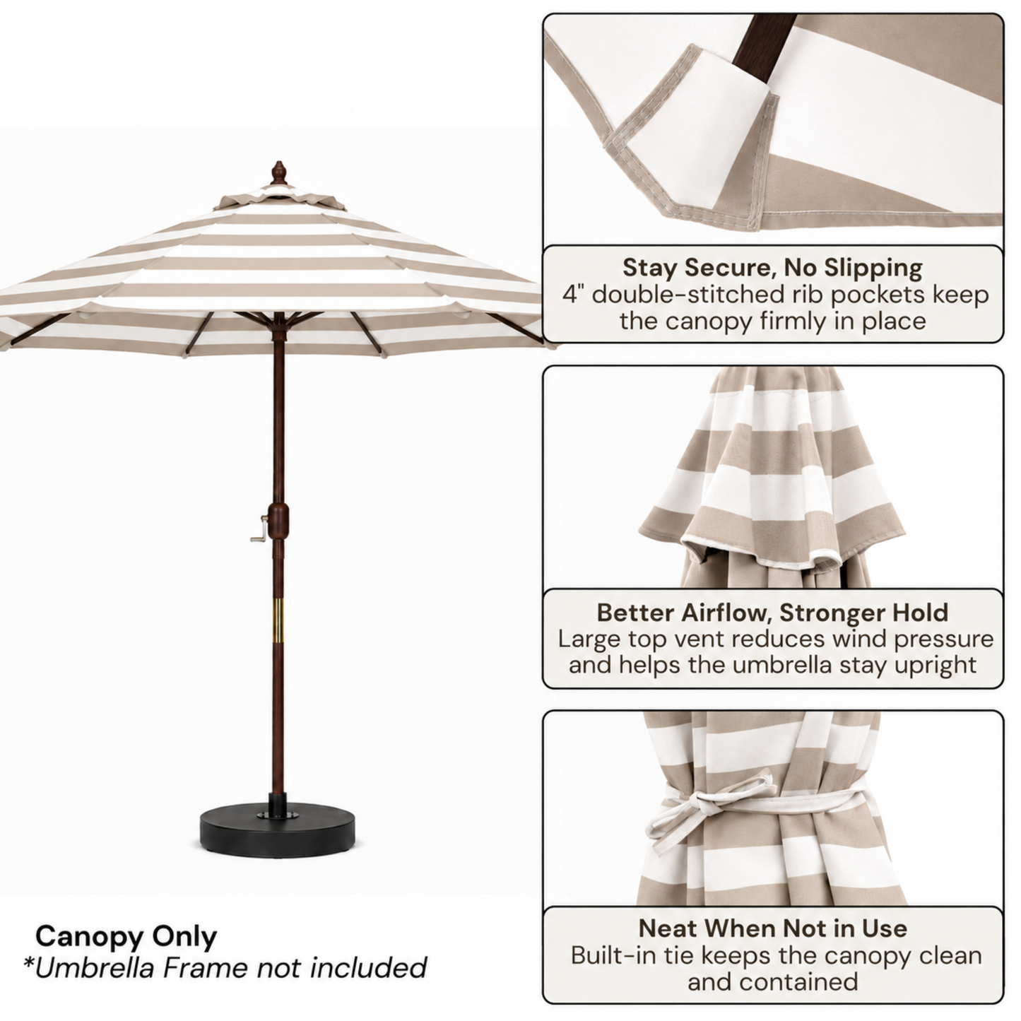 [SHIPS BY 6/16/26] 9ft Market Patio Umbrella 8 Rib Replacement Canopy Beige Cabana Stripe Olefin
