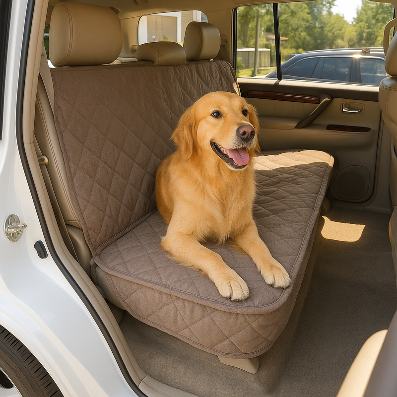 Taupe quilted car seat luxury bench cover protecting rear seat with golden retriever dog sitting comfortably