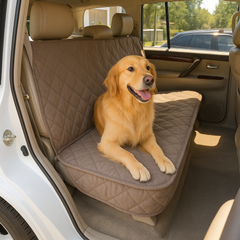 Taupe quilted car seat luxury bench cover protecting rear seat with golden retriever dog sitting comfortably