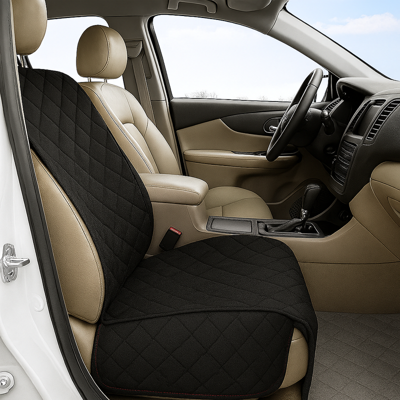 Black quilted pet single car seat cover with floor coverage on beige car seat interior