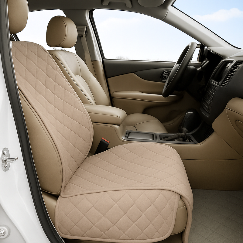Taupe pet single car seat cover with floor coverage, padded and quilted, water repellent, designed for protecting car seats from pet hair and damage.