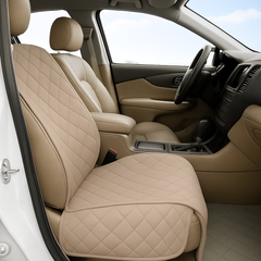 Taupe pet single car seat cover with floor coverage, padded and quilted, water repellent, designed for protecting car seats from pet hair and damage.