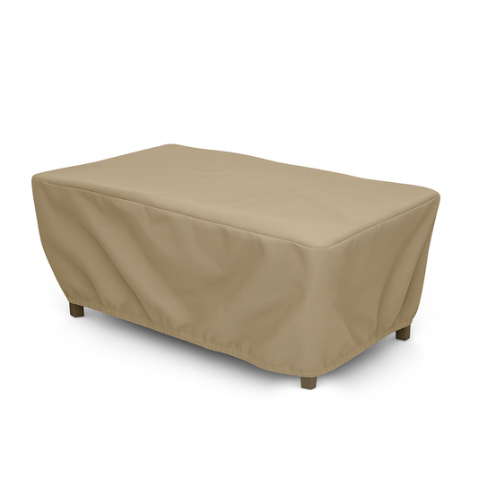 Patio set cover for rectangular or oval table in classic taupe with water-repellent polyester fabric.