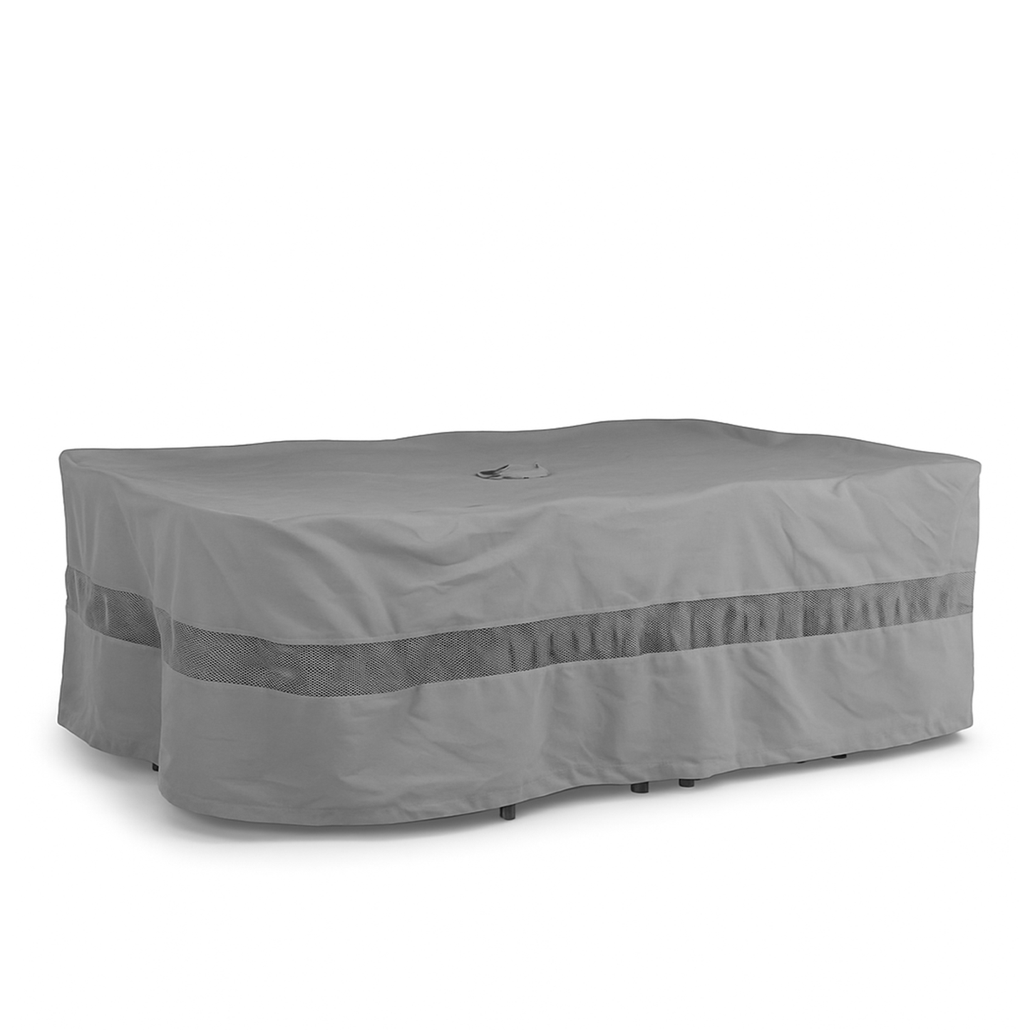 Rectangular or oval patio set cover in reserve grey, fits up to 120"L x 86"W table, mildew and water resistant.