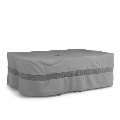 Rectangular or oval patio set cover in reserve grey, fits up to 120"L x 86"W table, mildew and water resistant.