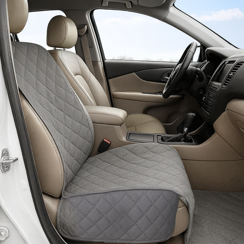 Grey quilted pet single car seat cover with floor coverage in a car interior