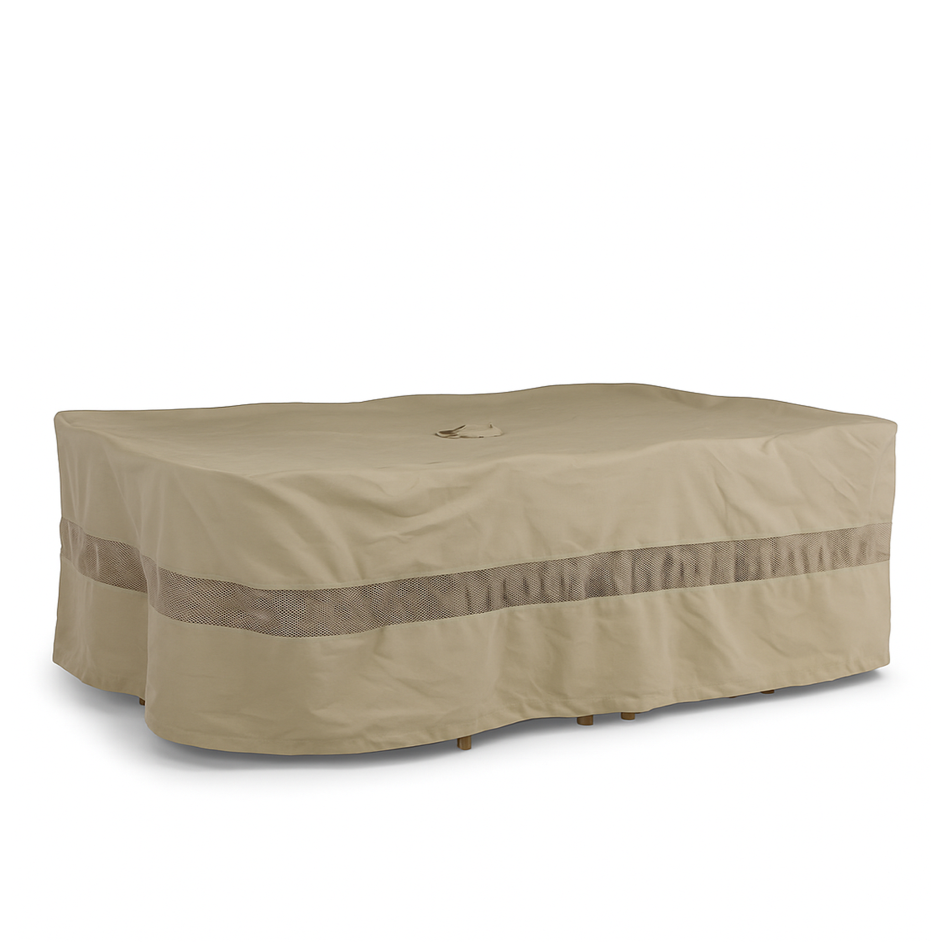 Extra wide taupe patio set cover for rectangular or oval table, mildew and water resistant.