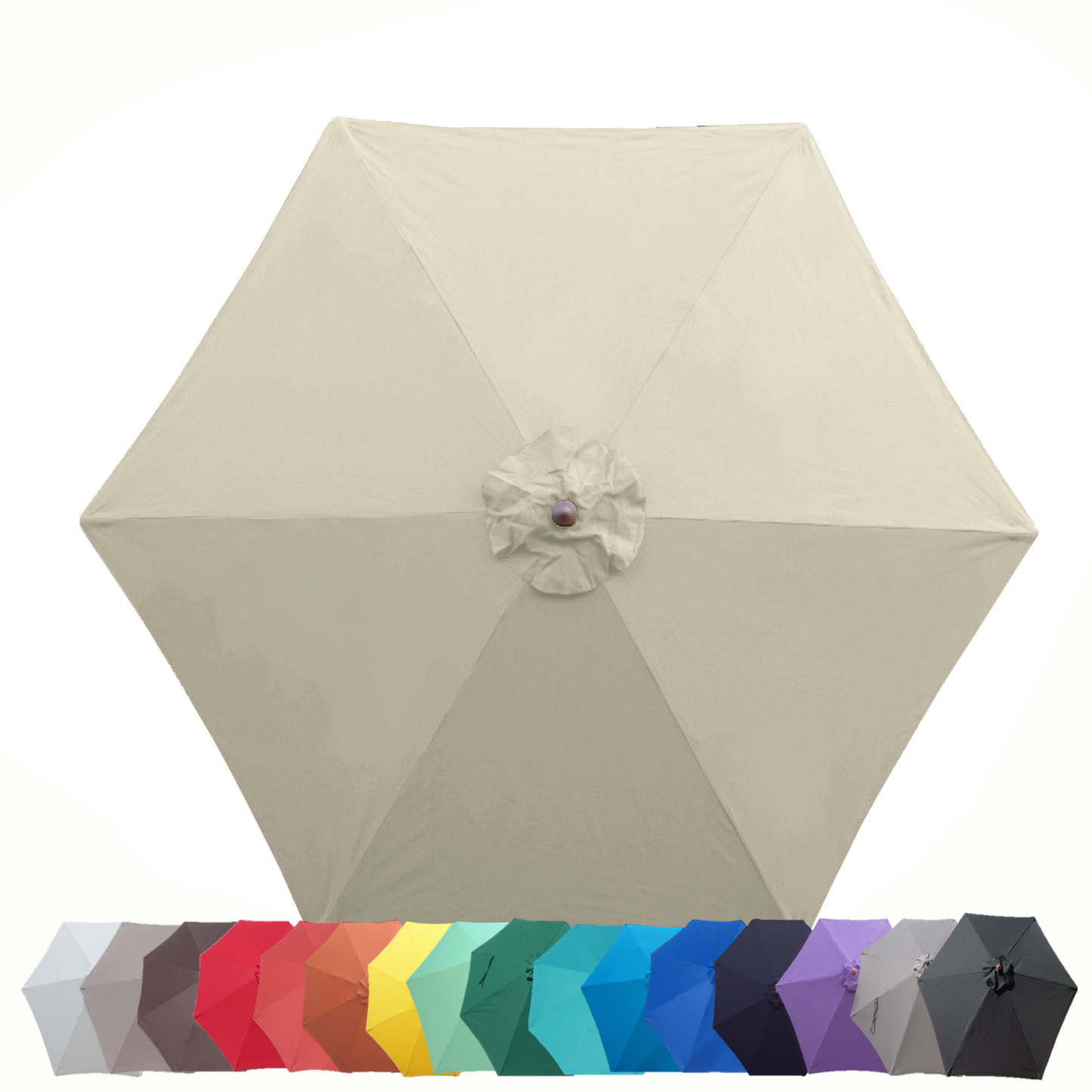 A Formosa Covers 9ft Market Patio Umbrella 6 Rib Replacement Canopy in natural beige, UV-treated and water-repellent, is centered in the image. Below it, a row of smaller hexagonal umbrellas appears in various colors—red, orange, yellow, green, blue, purple, and black—displayed on a white background.