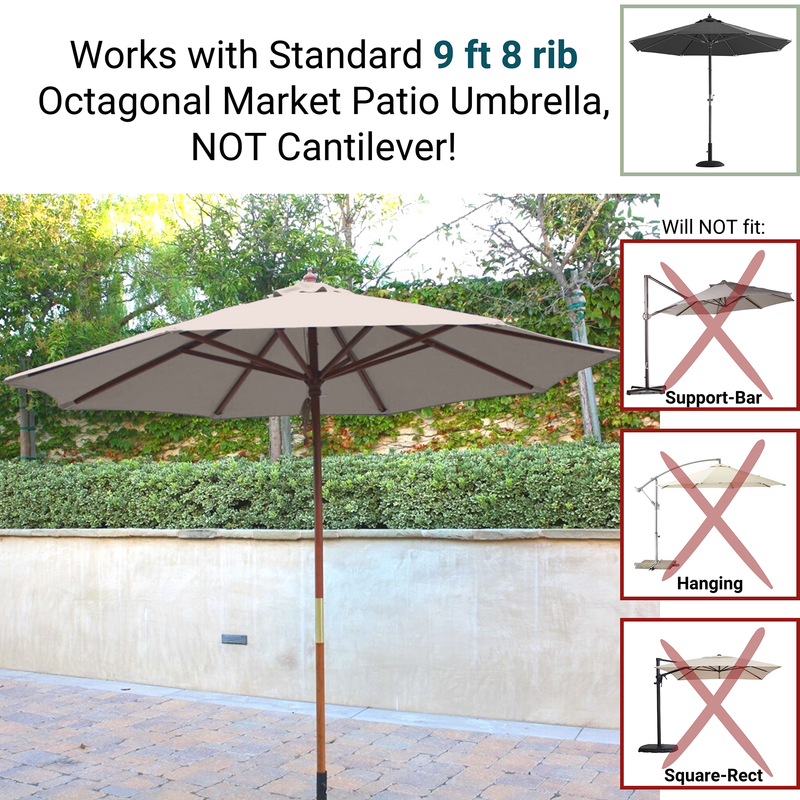 The 9ft Market Patio Umbrella 6 Rib Replacement Canopy Sand from Formosa Covers is shown open and standing on a patio with greenery in the background. Text clarifies it is not compatible with support-bar, hanging, or square-rect umbrellas, which are shown crossed out in smaller images. Made with durable polyester fabric.