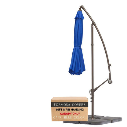 10ft cantilever hanging umbrella replacement canopy in Capri blue Olefin fabric, folded alongside a box.
