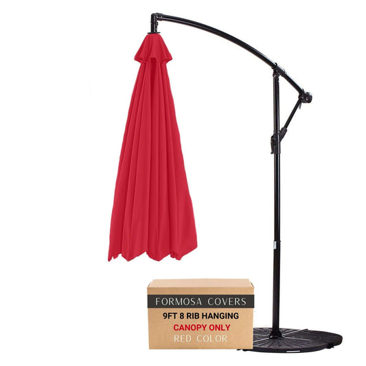 9ft cantilever hanging umbrella 8 rib replacement canopy in red color, durable 300 denier polyester, UV treated, water-resistant.