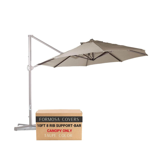 10ft cantilever supported bar umbrella with 8 rib replacement canopy in taupe, durable polyester fabric.