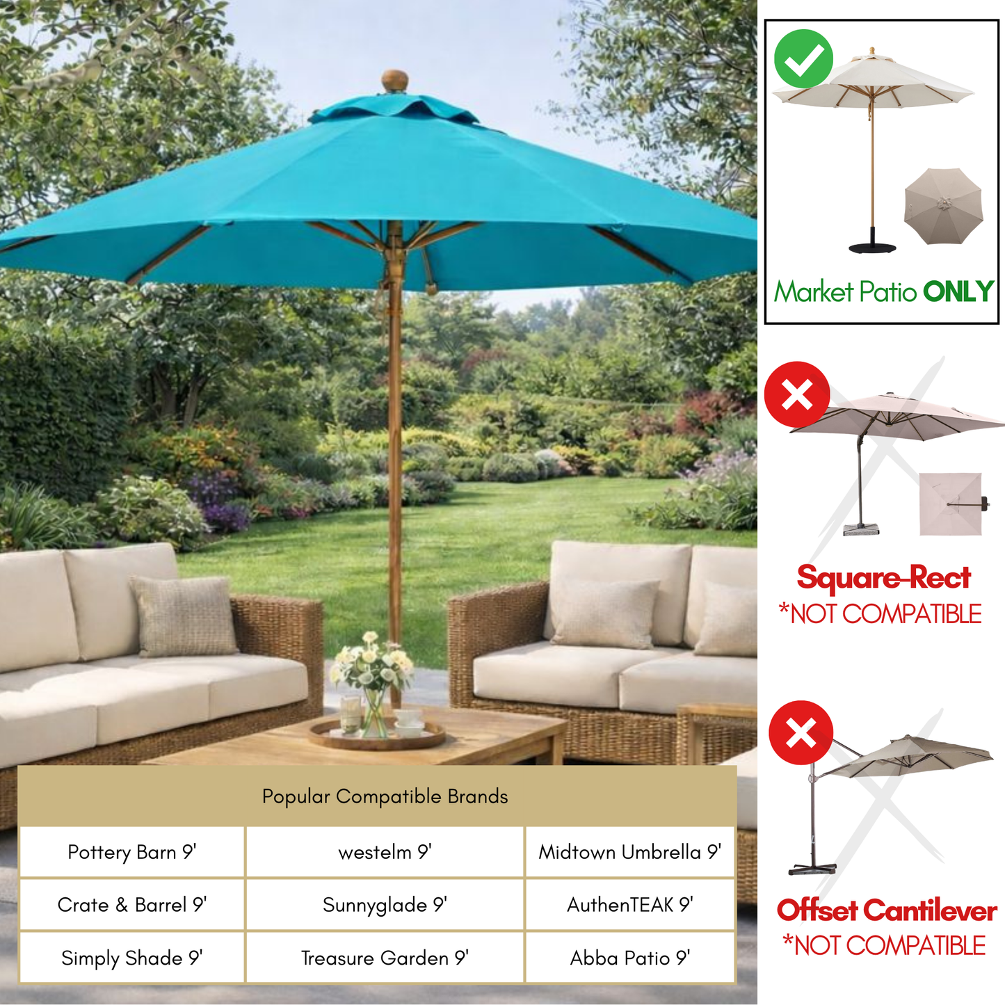 9ft Market Patio Umbrella 8 Rib Replacement Canopy Turquoise Olefin - Formosa Covers